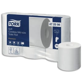 TORK Lot de 6 rouleaux Papier toilette doux sans mandrin 2 plis 450 feuilles pour distributeur Mid-size